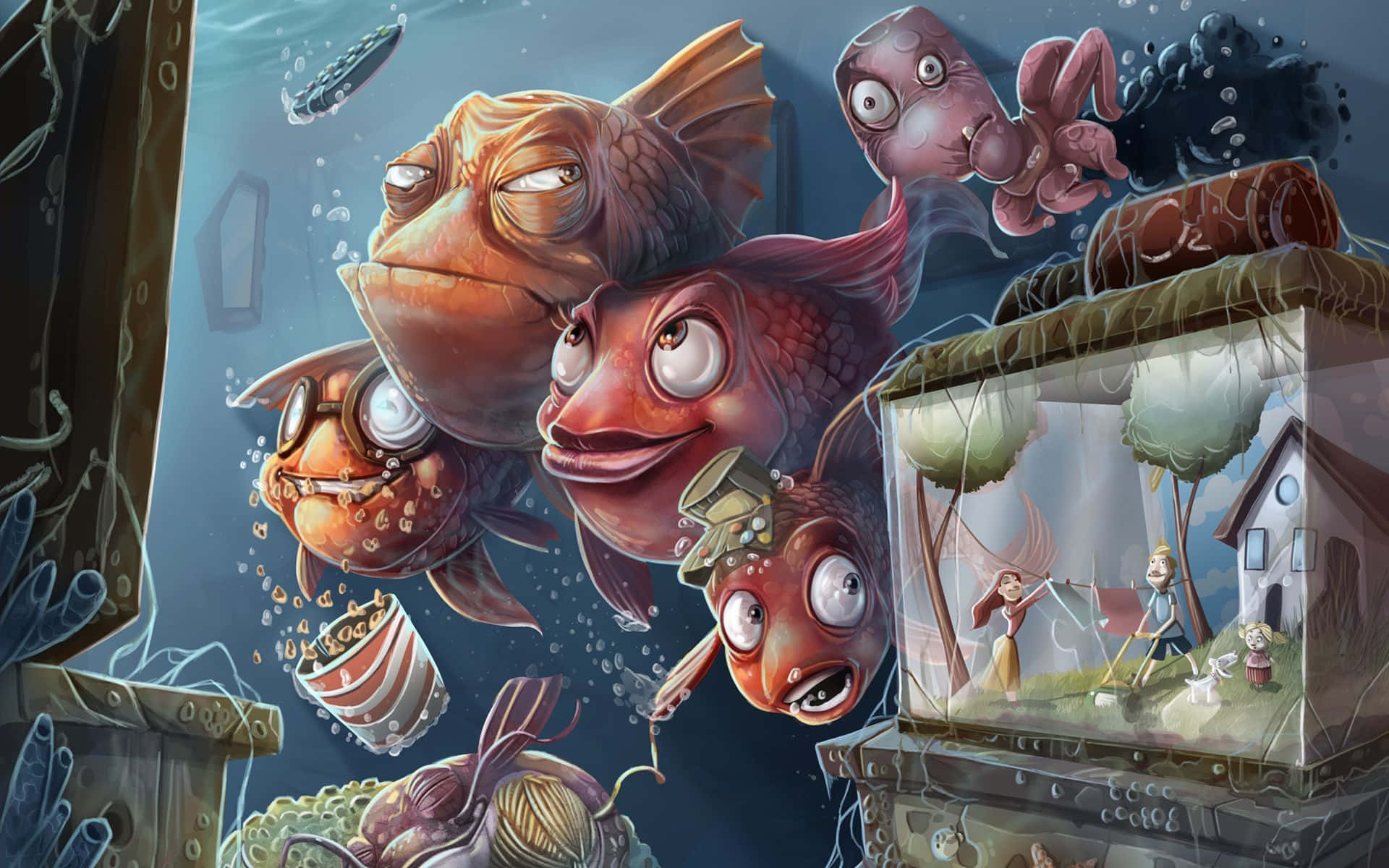Cartoon Horror, giant cartoonish fish, expressive eyes, Full HD Desktop Wallpaper
