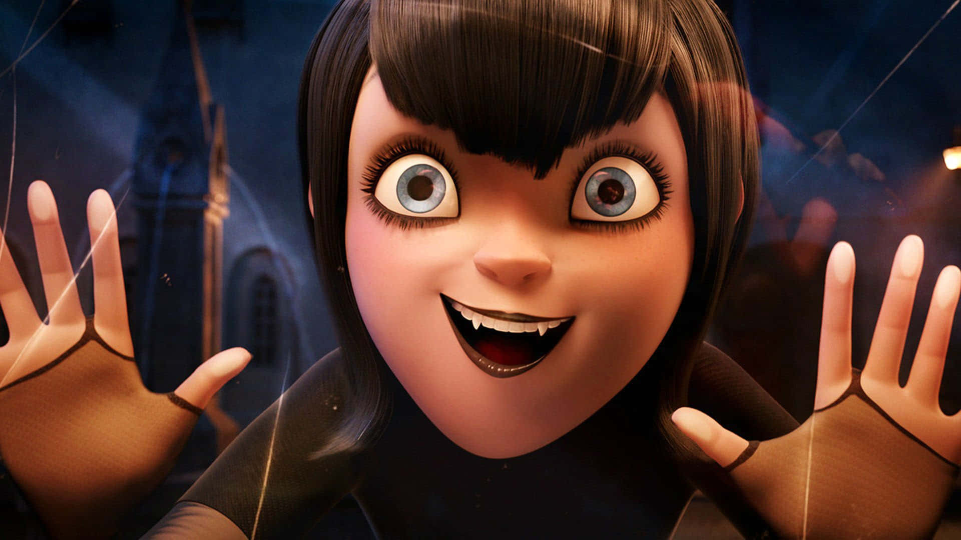 cheerful animated girl, big eyes, fangs, Full HD Desktop Wallpaper
