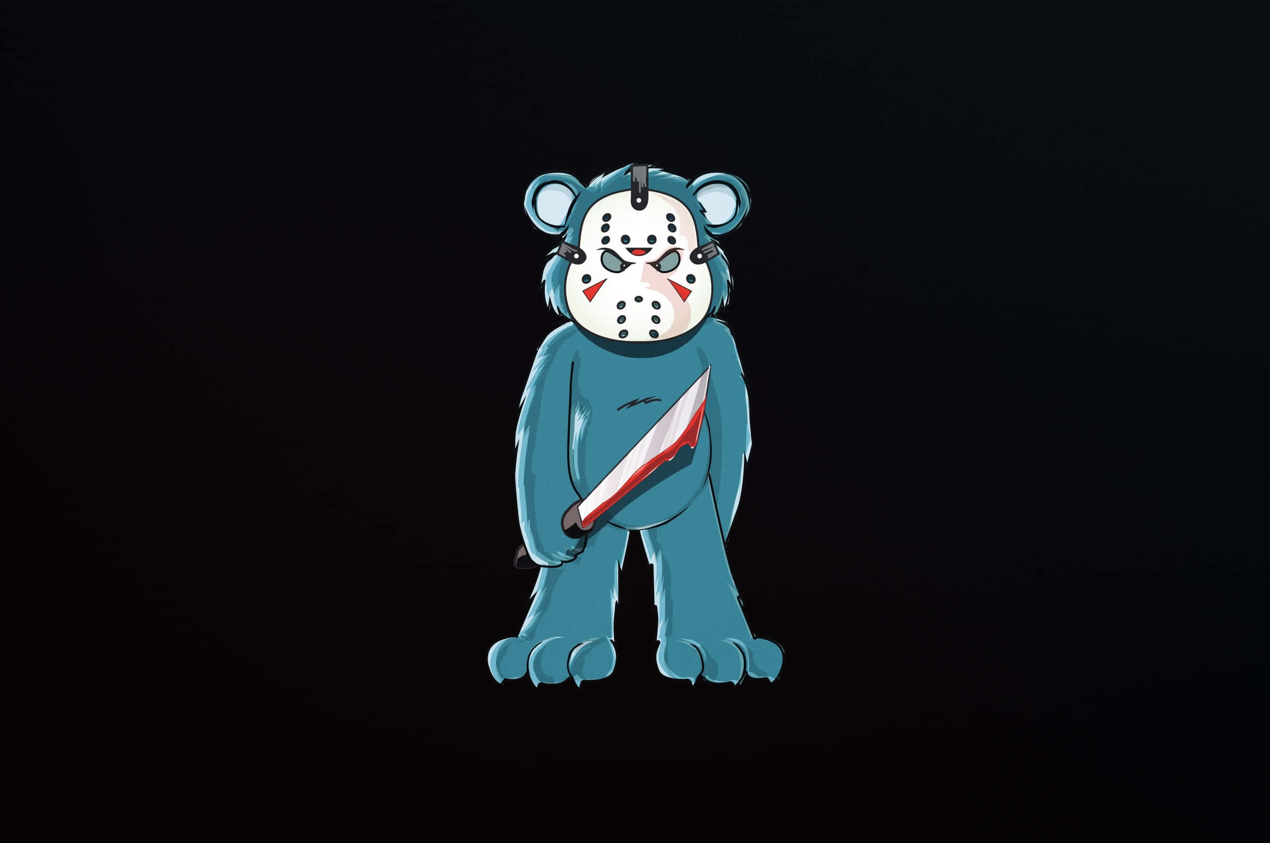 Cartoon Horror, blue cartoon bear, hockey mask, 2K Desktop Wallpaper