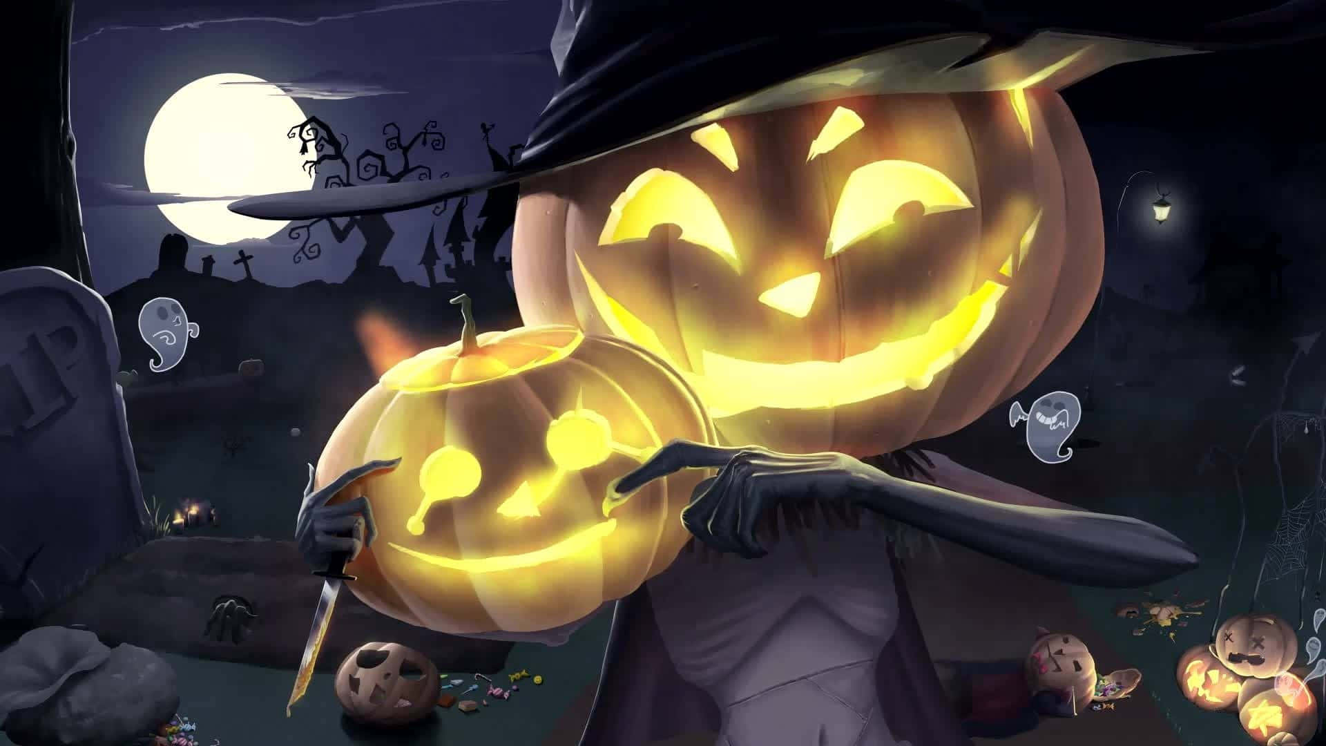 jack-o'-lantern witch, spooky graveyard, full moon, Full HD Desktop Wallpaper