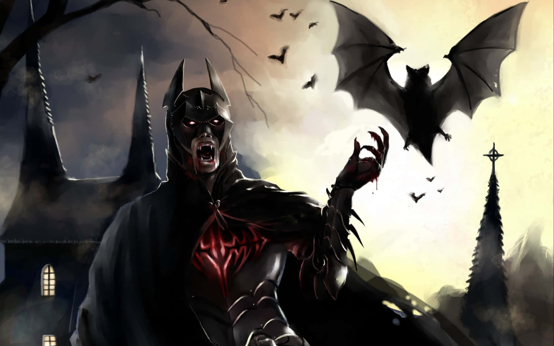 bat-themed superhero, glowing red eyes, bloodied claws, Full HD Desktop Wallpaper