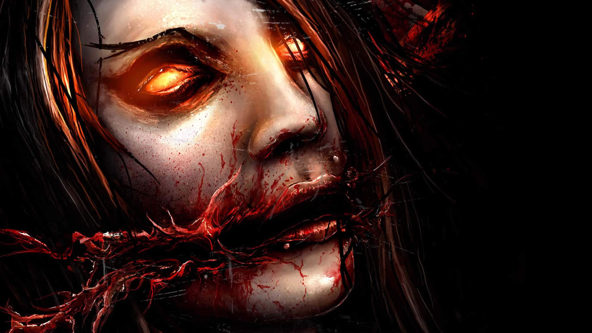 glowing orange eyes, blood dripping from mouth, pale woman's face, Full HD Desktop Wallpaper
