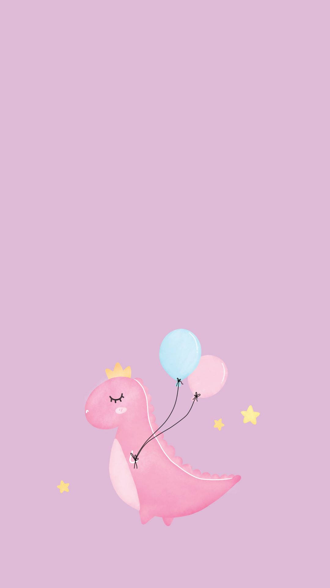 cute pink cartoon dinosaur, crown, balloons, Full HD Phone Wallpaper
