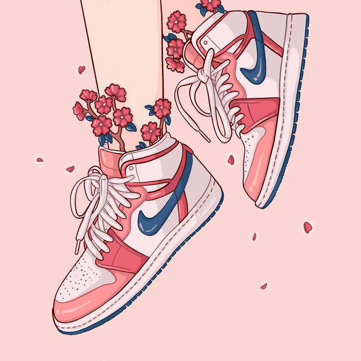 Pink Cartoon Jordan Shoes, cherry blossom branches, pink and blue sneakers, SD Desktop Wallpaper