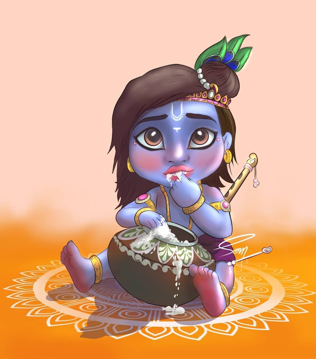 Cartoon Krishna, blue-skinned, peacock feather crown, SD Phone Wallpaper