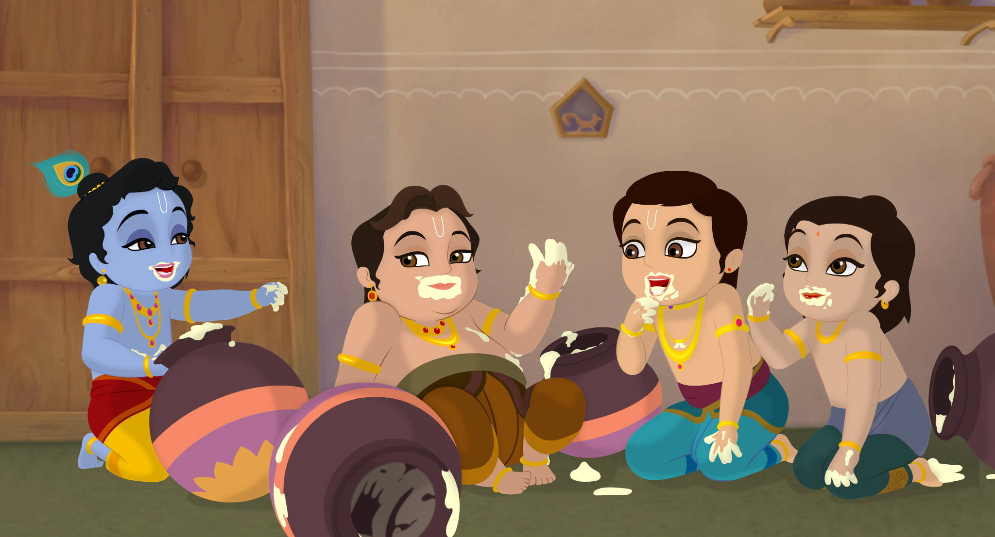 Cartoon Krishna, butter scene, animated children, Full HD Desktop Wallpaper