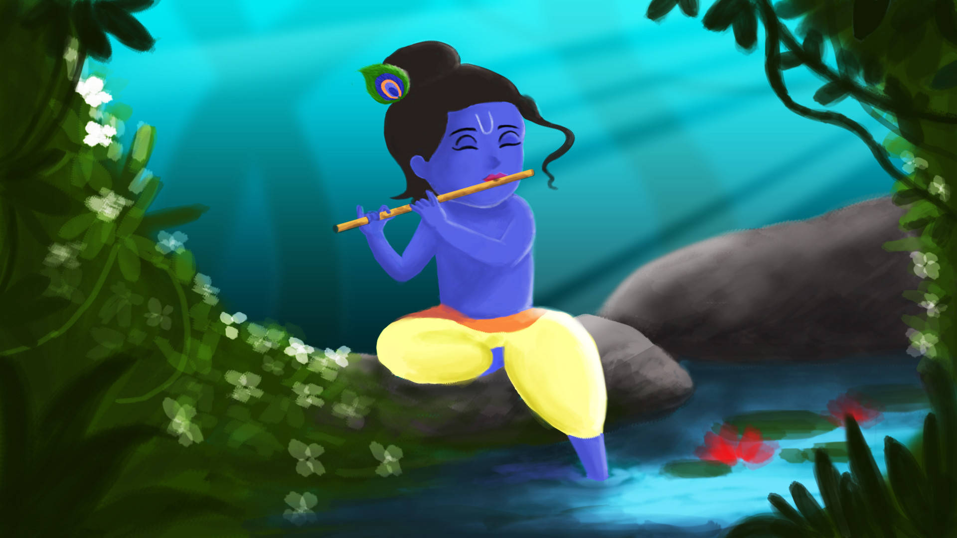 Cartoon Krishna, blue-skinned, peacock feather, Full HD Desktop Wallpaper