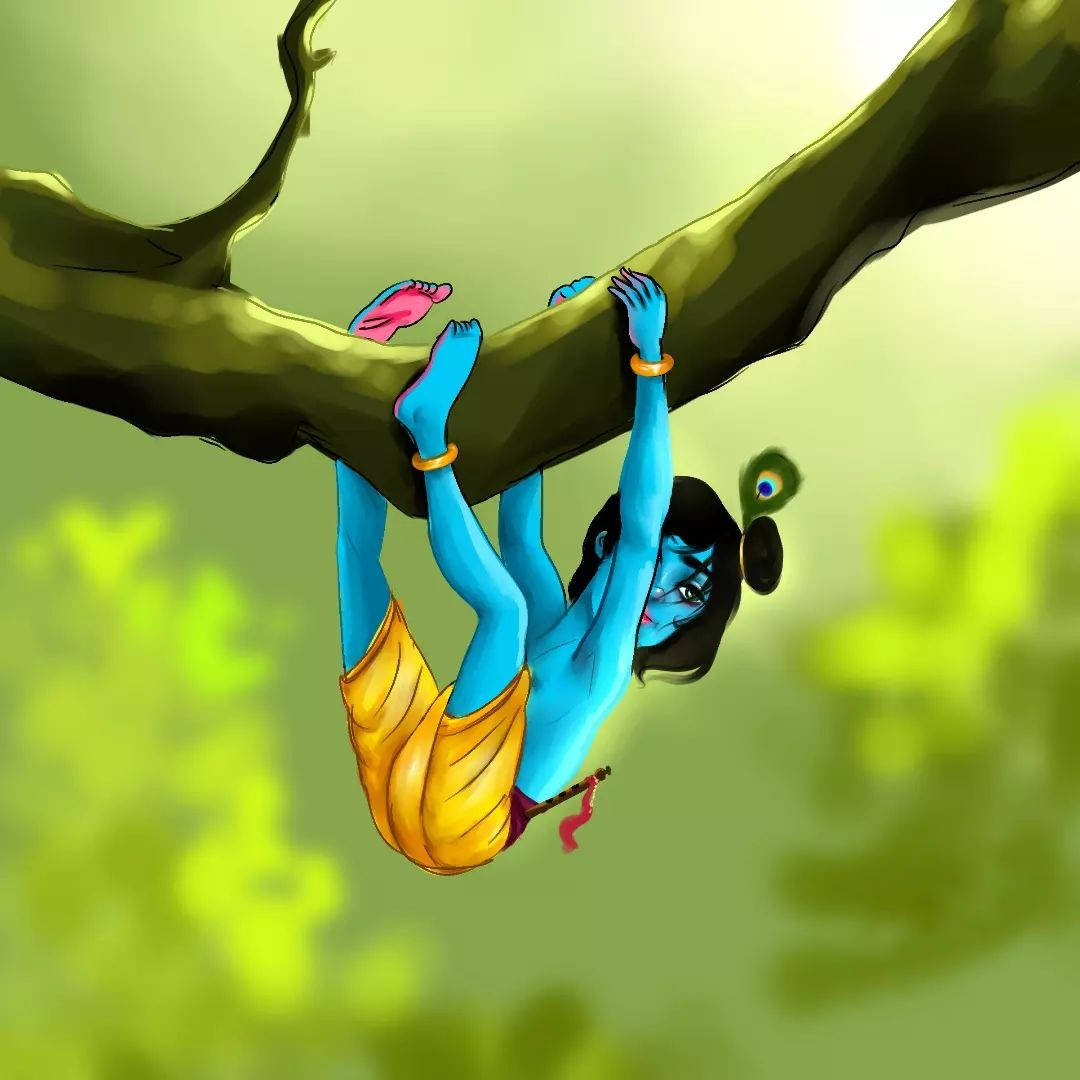 Cartoon Krishna, blue-skinned, peacock feather, SD Desktop Wallpaper