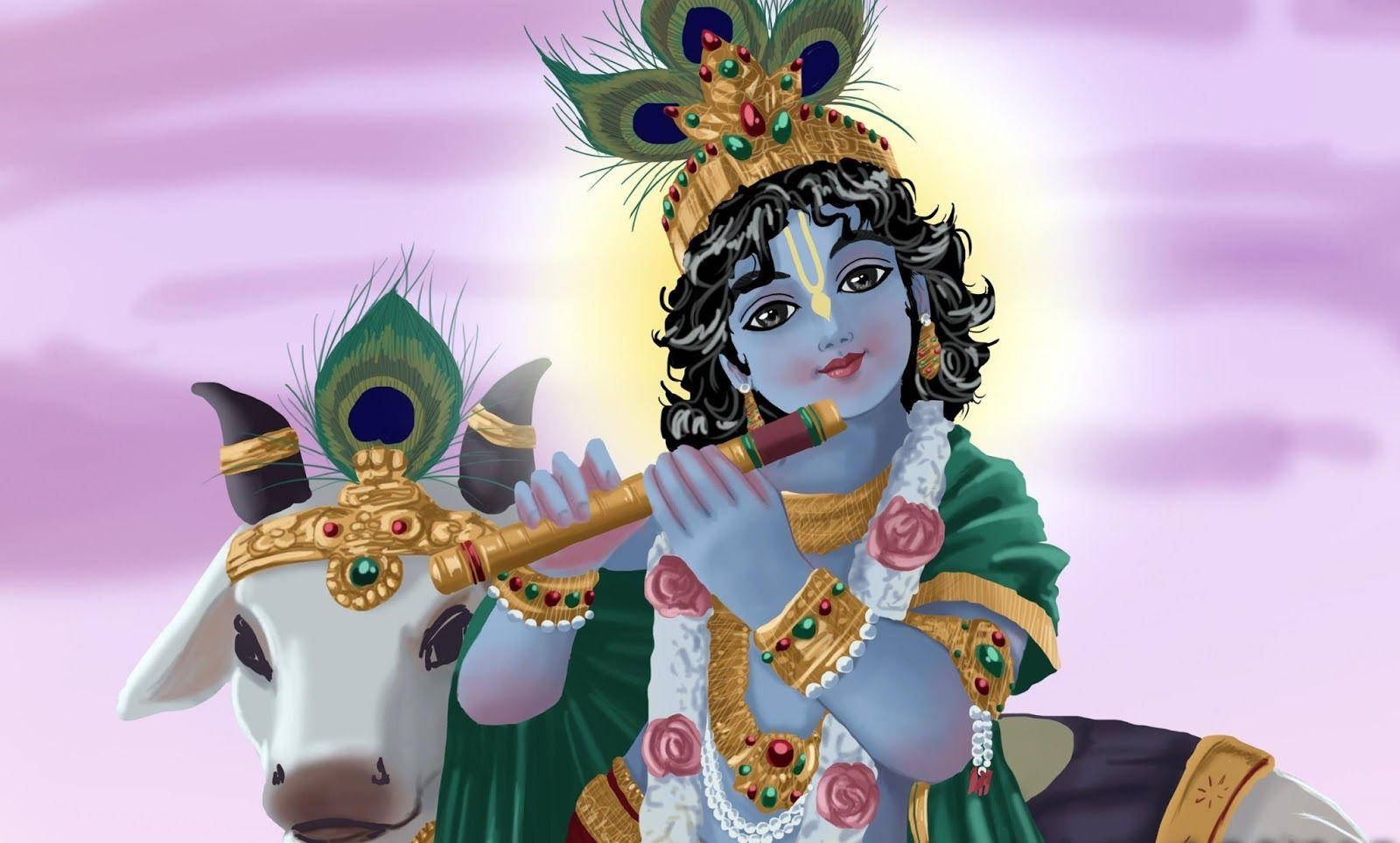 Cartoon Krishna, white cow, blue-skinned, HD Desktop Wallpaper