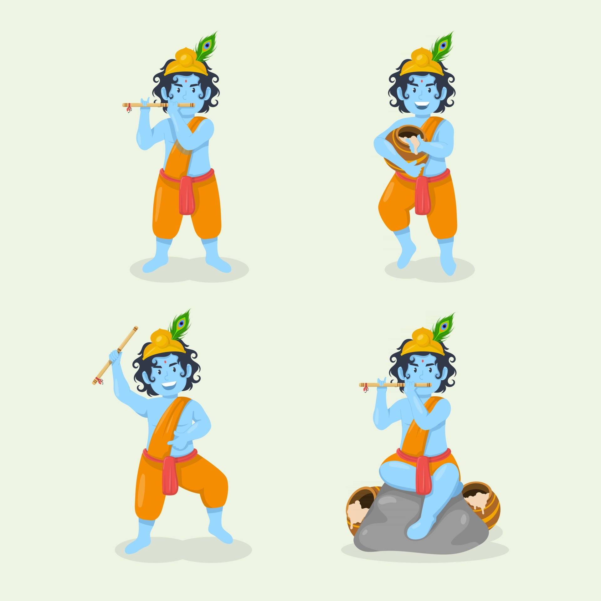Cartoon Krishna, blue-skinned, flute, Full HD Desktop Wallpaper