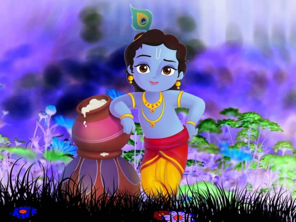 Cartoon Krishna, blue-skinned, peacock feather crown, SD Desktop Wallpaper