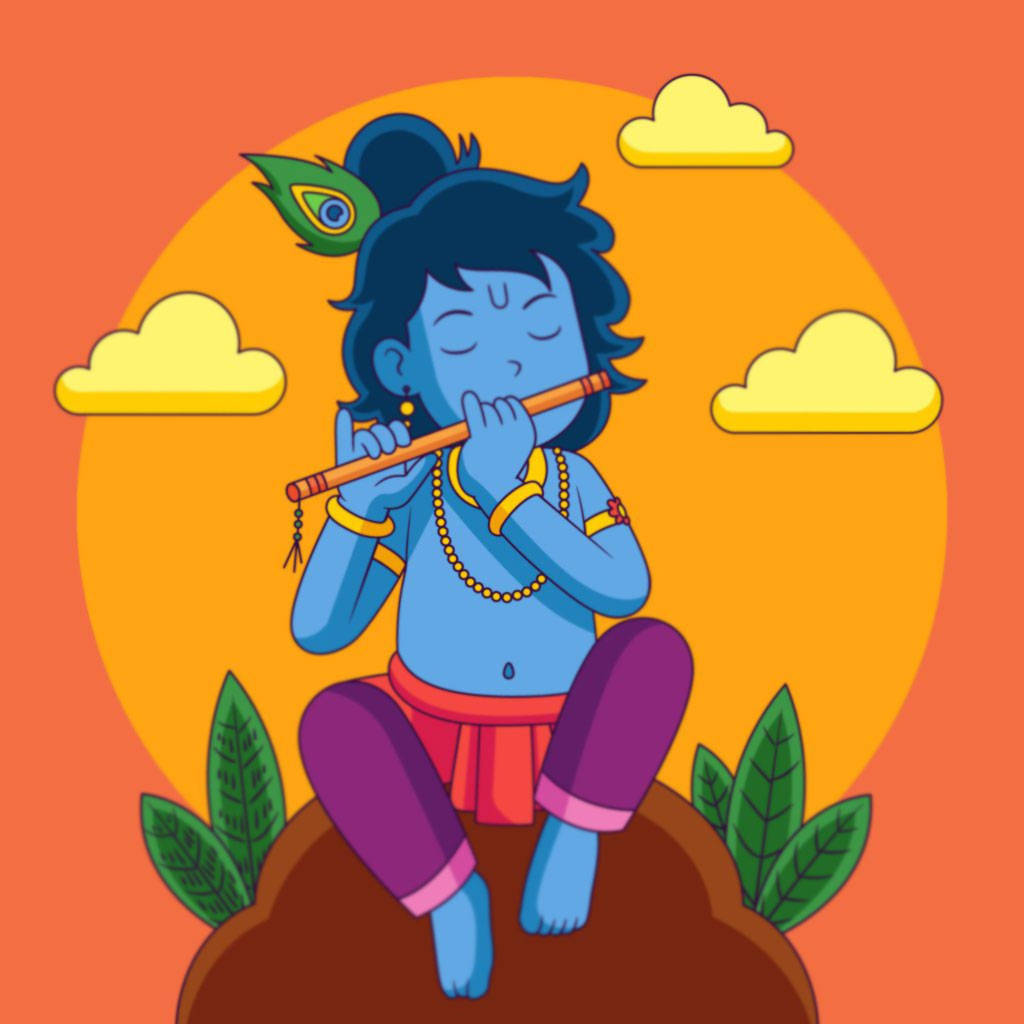 Cartoon Krishna, blue-skinned deity, peacock feather, SD Desktop Wallpaper