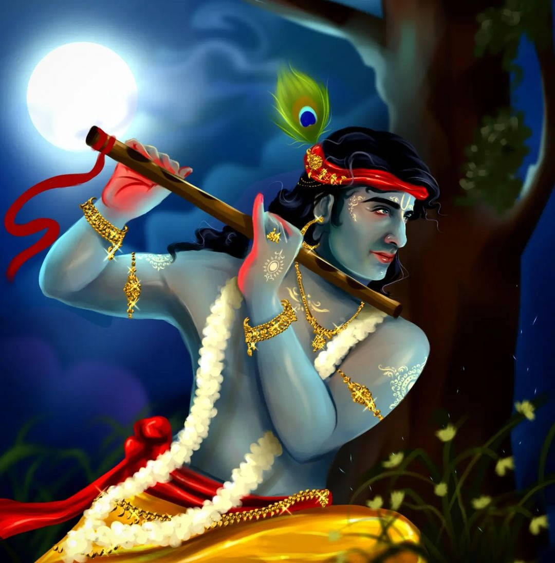 Cartoon Krishna, blue-skinned, flute, SD Phone Wallpaper