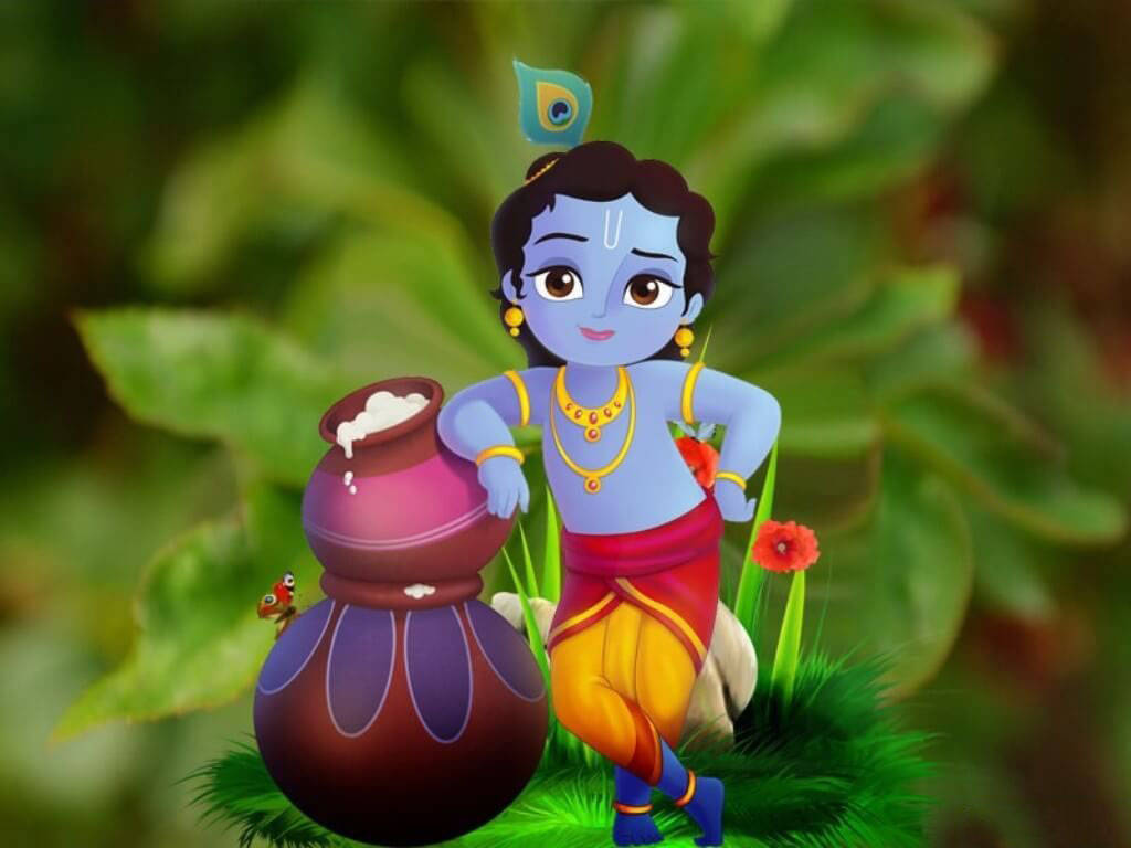 Cartoon Krishna, blue-skinned, peacock feather crown, SD Desktop Wallpaper