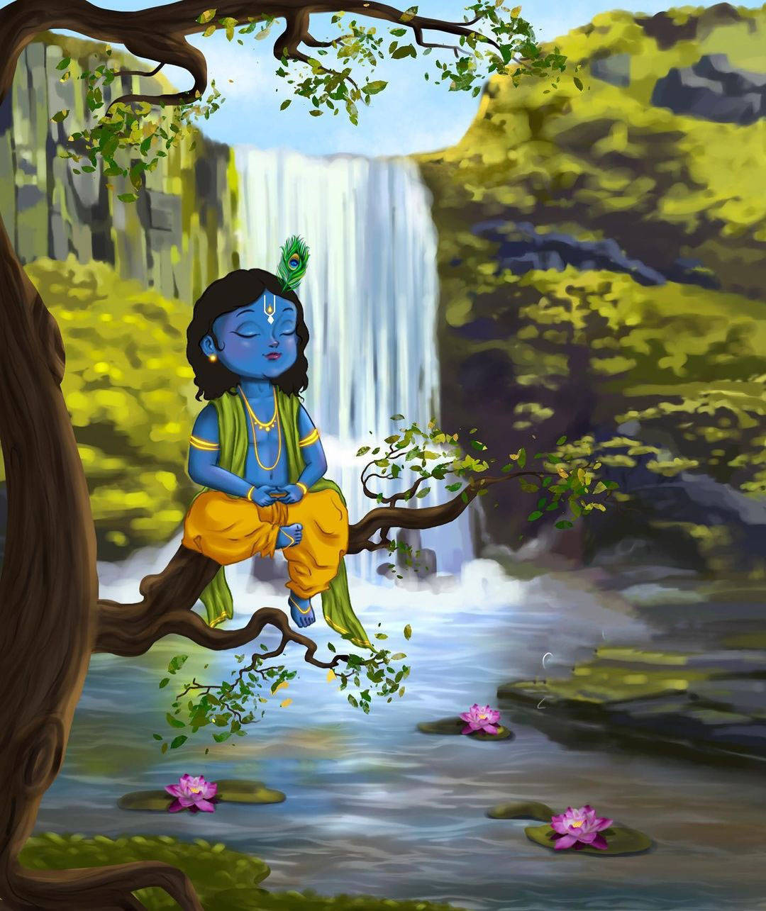 Cartoon Krishna, blue-skinned child, peacock feather, HD Phone Wallpaper