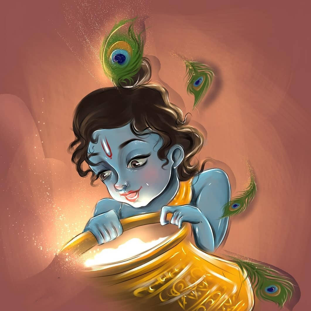 Cartoon Krishna, blue-skinned child, peacock feathers, SD Desktop Wallpaper