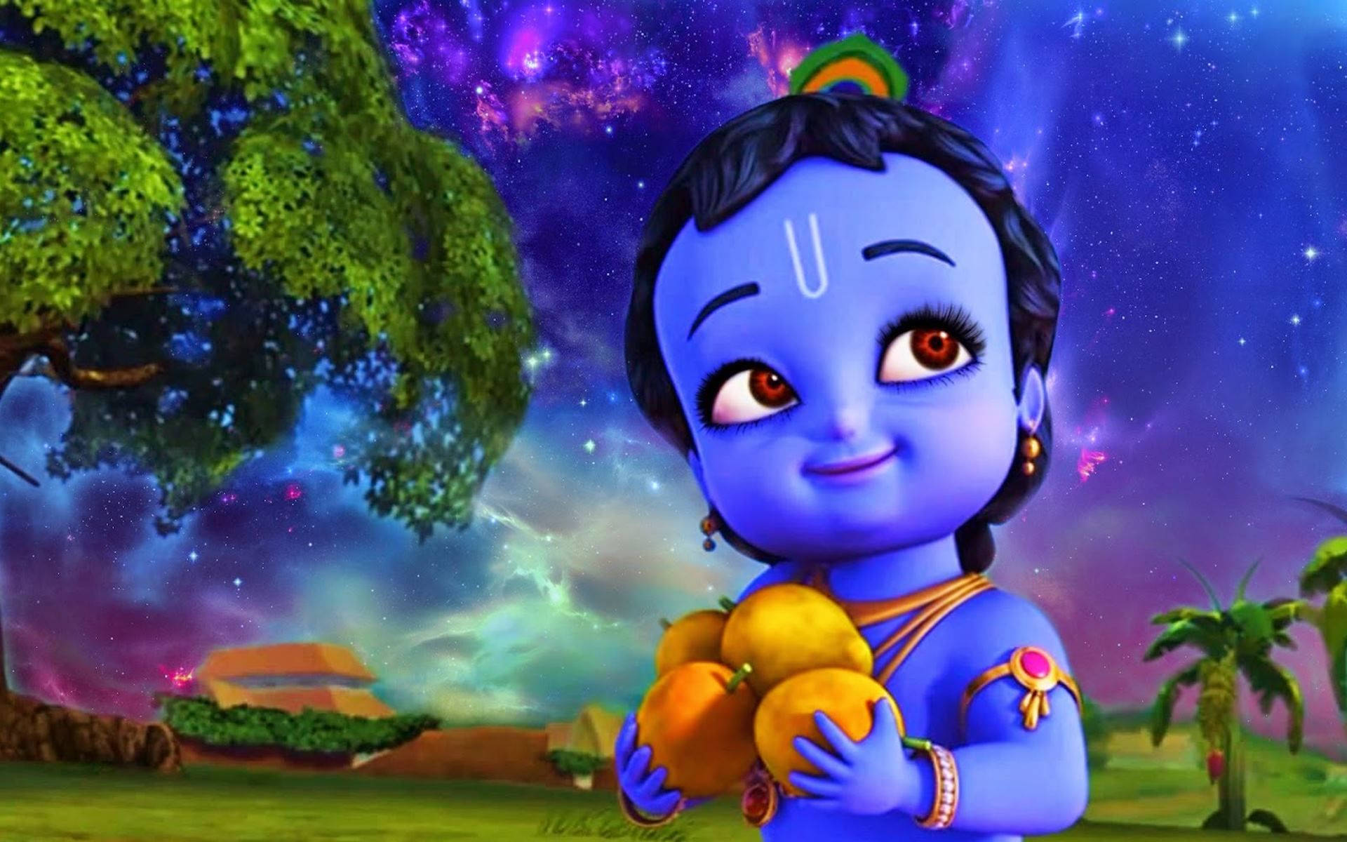 Cartoon Krishna, blue-skinned, U mark, Full HD Desktop Wallpaper