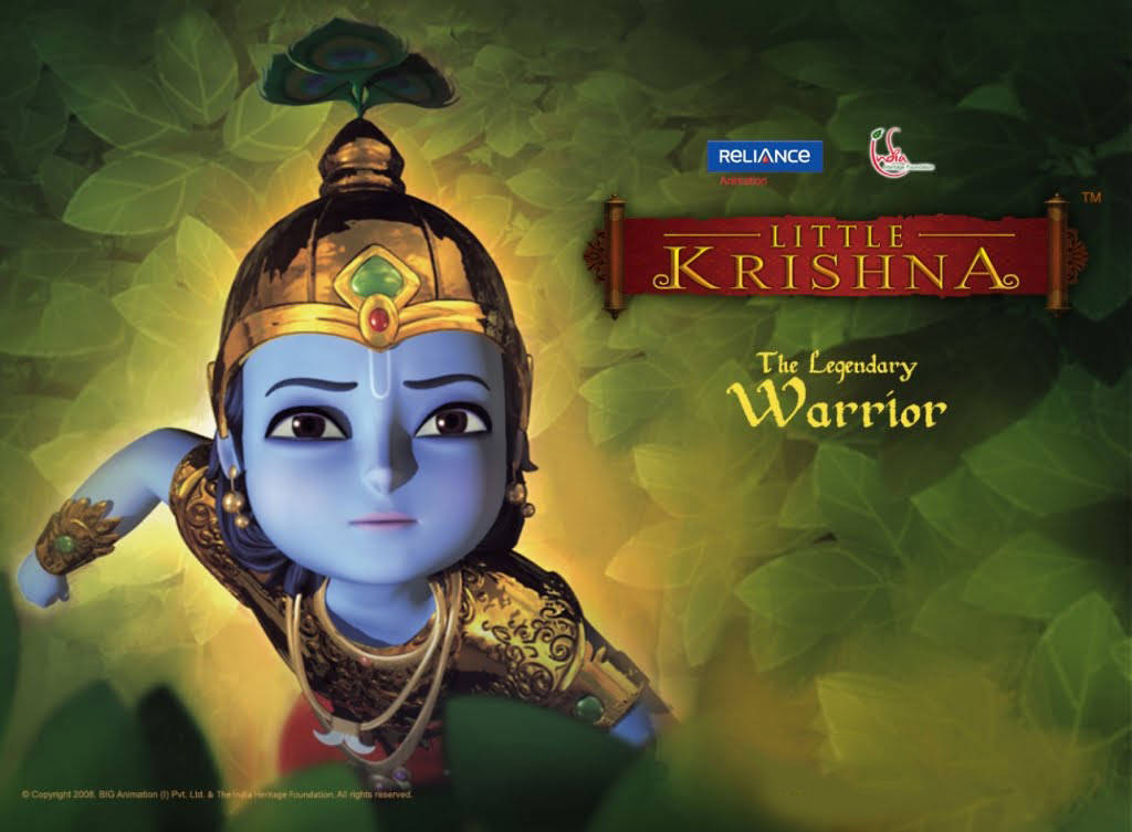 Cartoon Krishna, blue-skinned, animated child warrior, SD Desktop Wallpaper