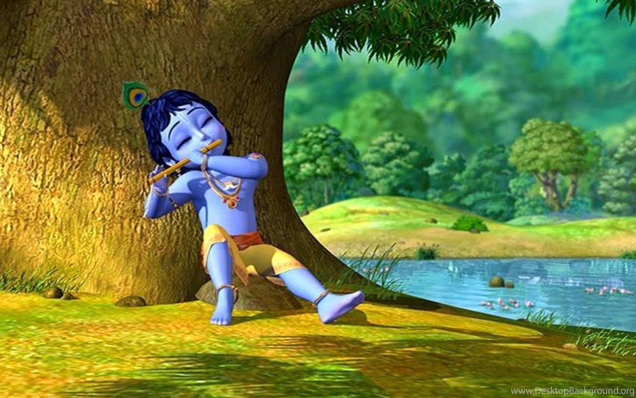 Cartoon Krishna, flute, peacock feather, HD Desktop Wallpaper