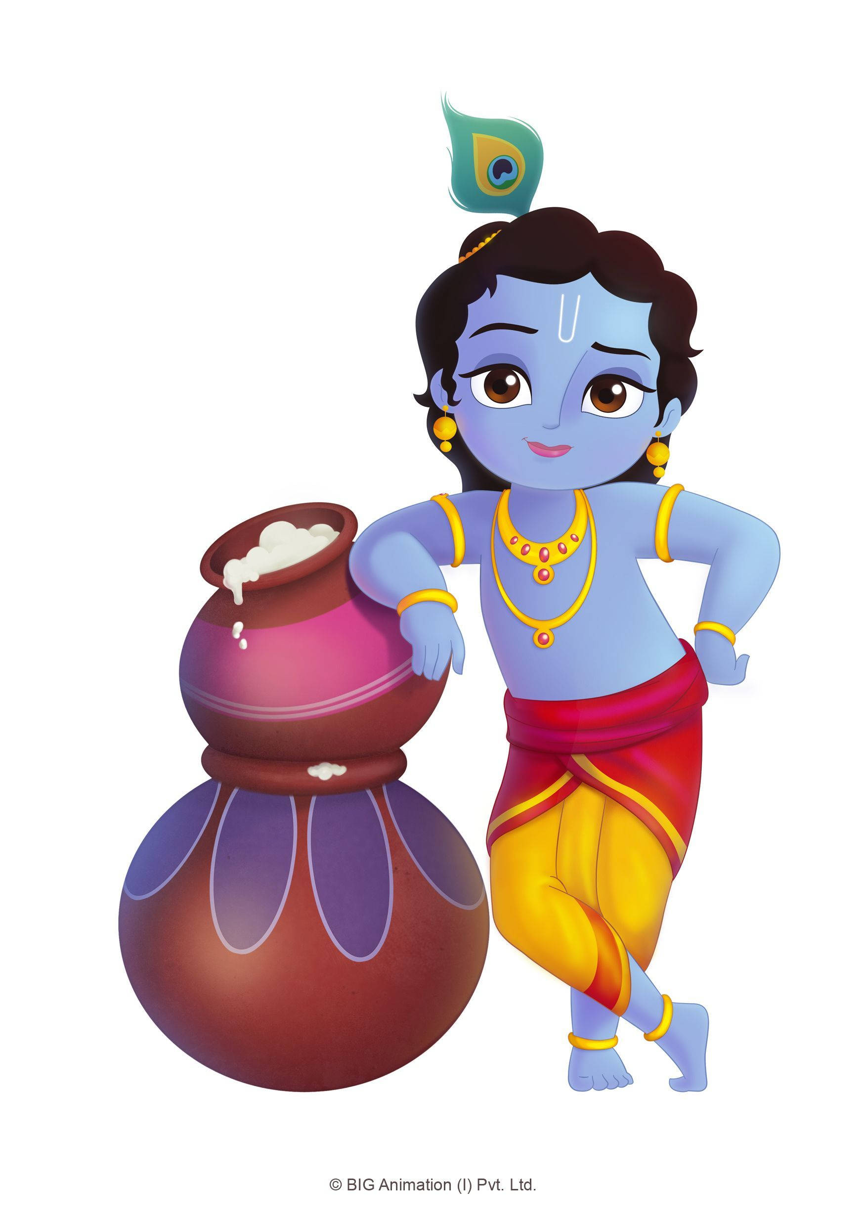 Cartoon Krishna, blue-skinned, peacock feather crown, Full HD Phone Wallpaper