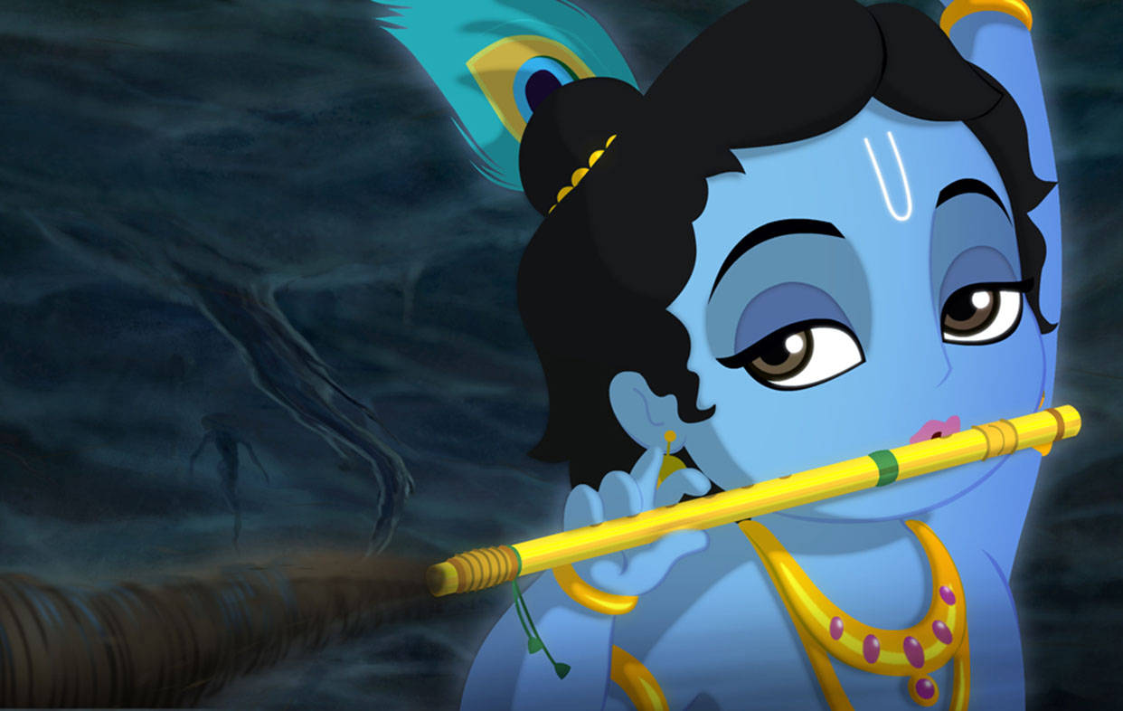 Cartoon Krishna, blue-skinned, peacock feather, SD Desktop Wallpaper