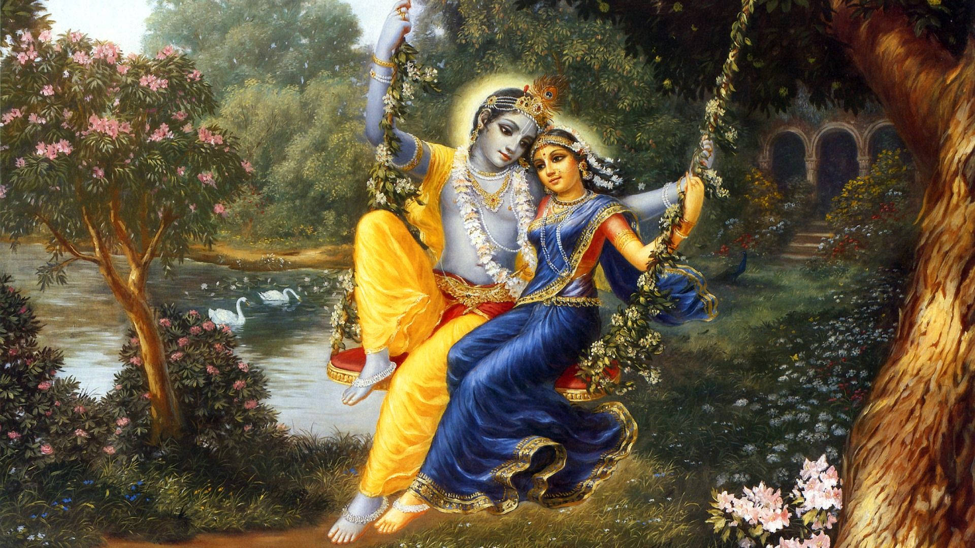 Krishna, floral swing, lush garden, Full HD Desktop Wallpaper