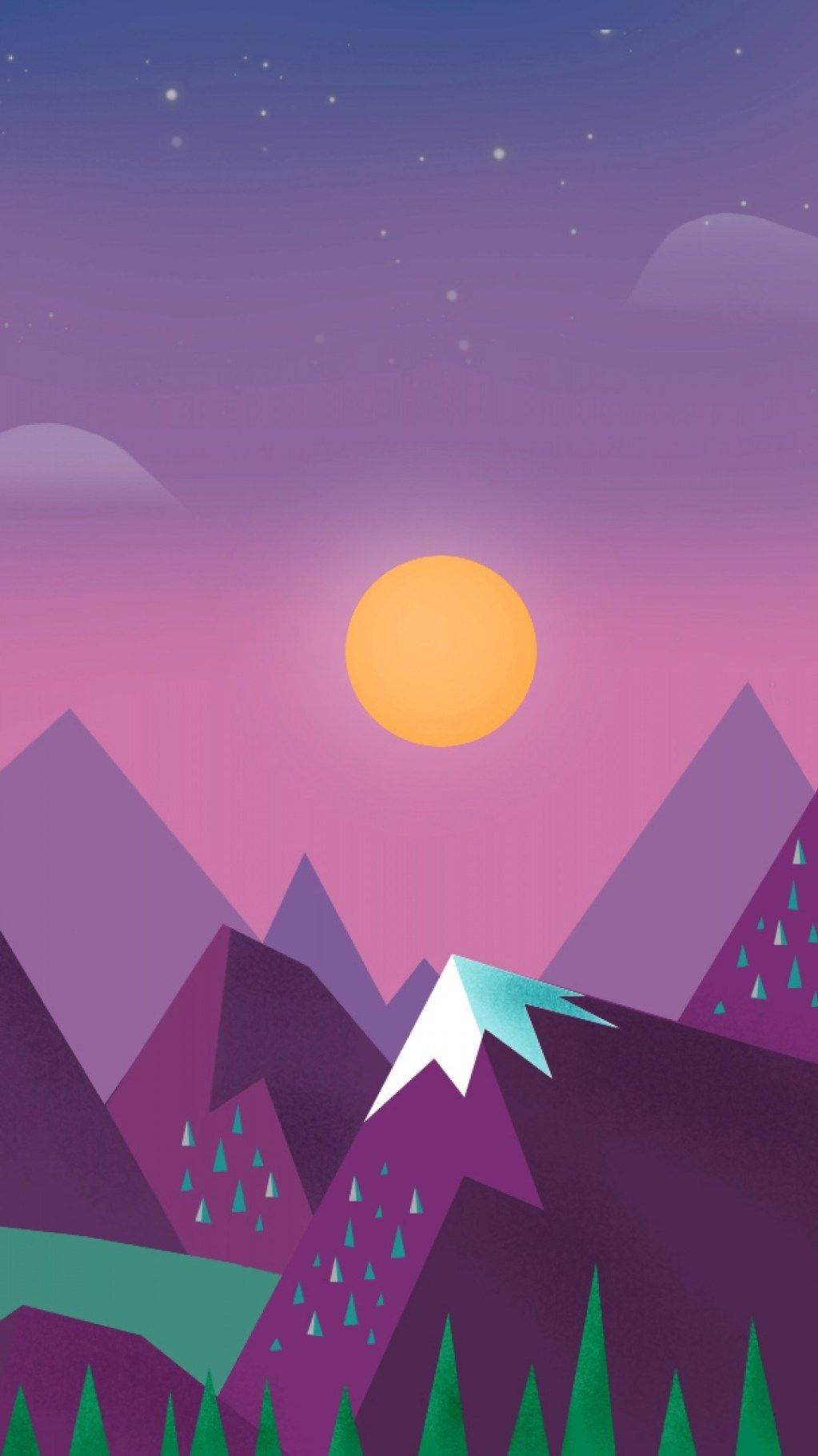 Purple Mountains, twilight sky, glowing orange sun, HD Phone Wallpaper