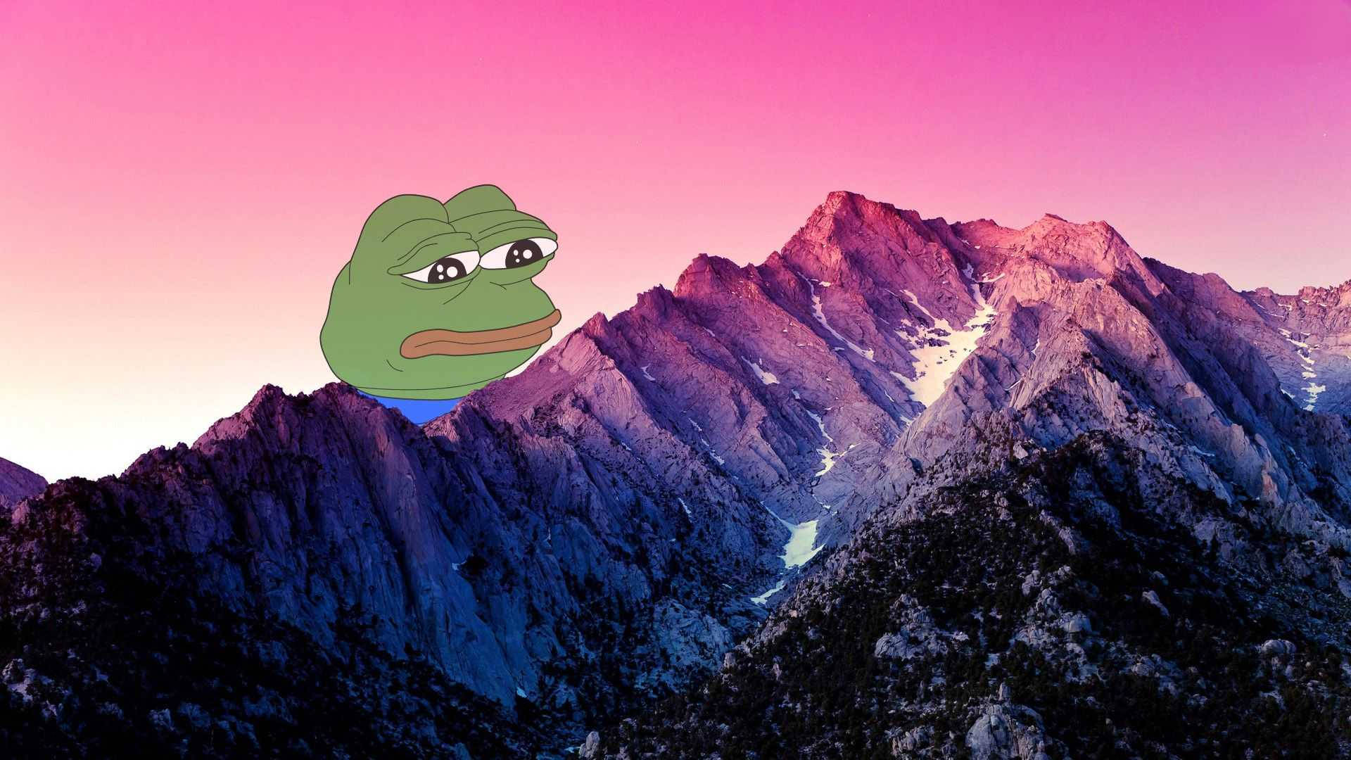 green frog meme head, jagged purple mountains, pink sunset sky, Full HD Desktop Wallpaper