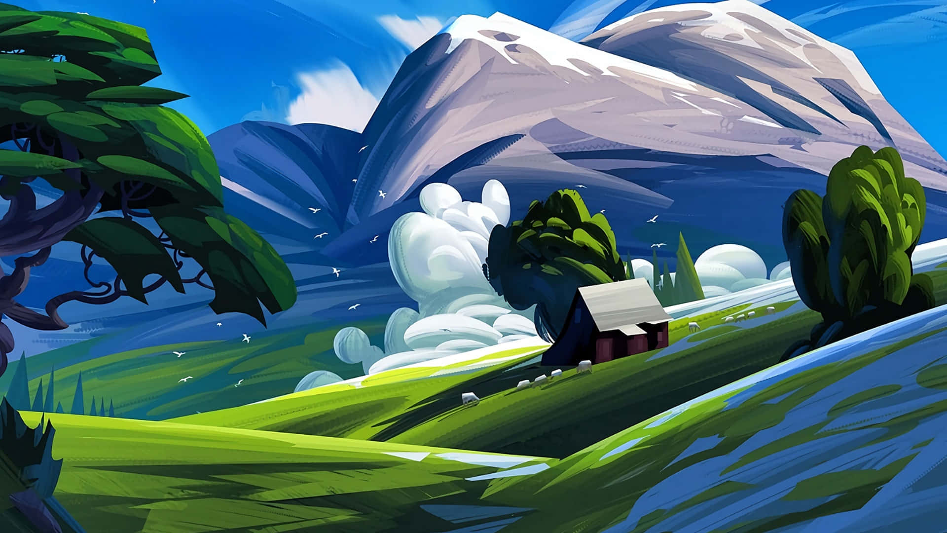 Cartoon Mountain, mountain landscape, small cabin, Full HD Desktop Wallpaper