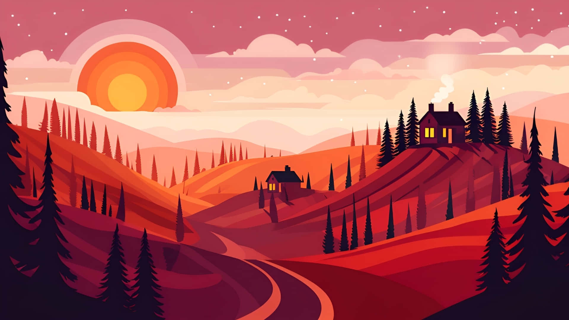 Cartoon Mountain, sunset, rolling hills, Full HD Desktop Wallpaper