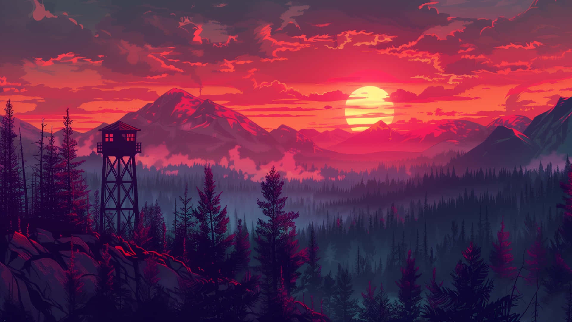 Cartoon Mountain, sunset, wooden watchtower, Full HD Desktop Wallpaper