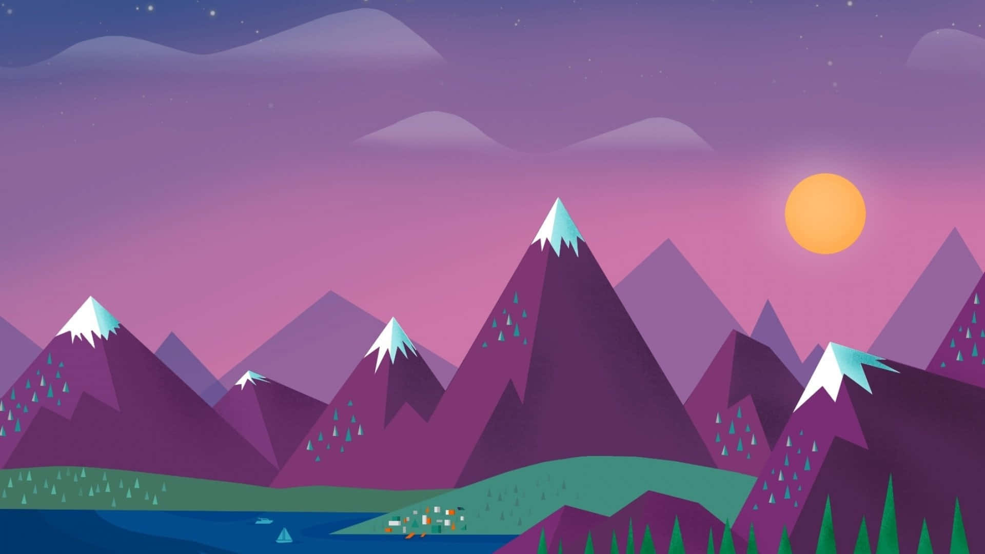 Cartoon Mountain, sunset, purple mountains, Full HD Desktop Wallpaper