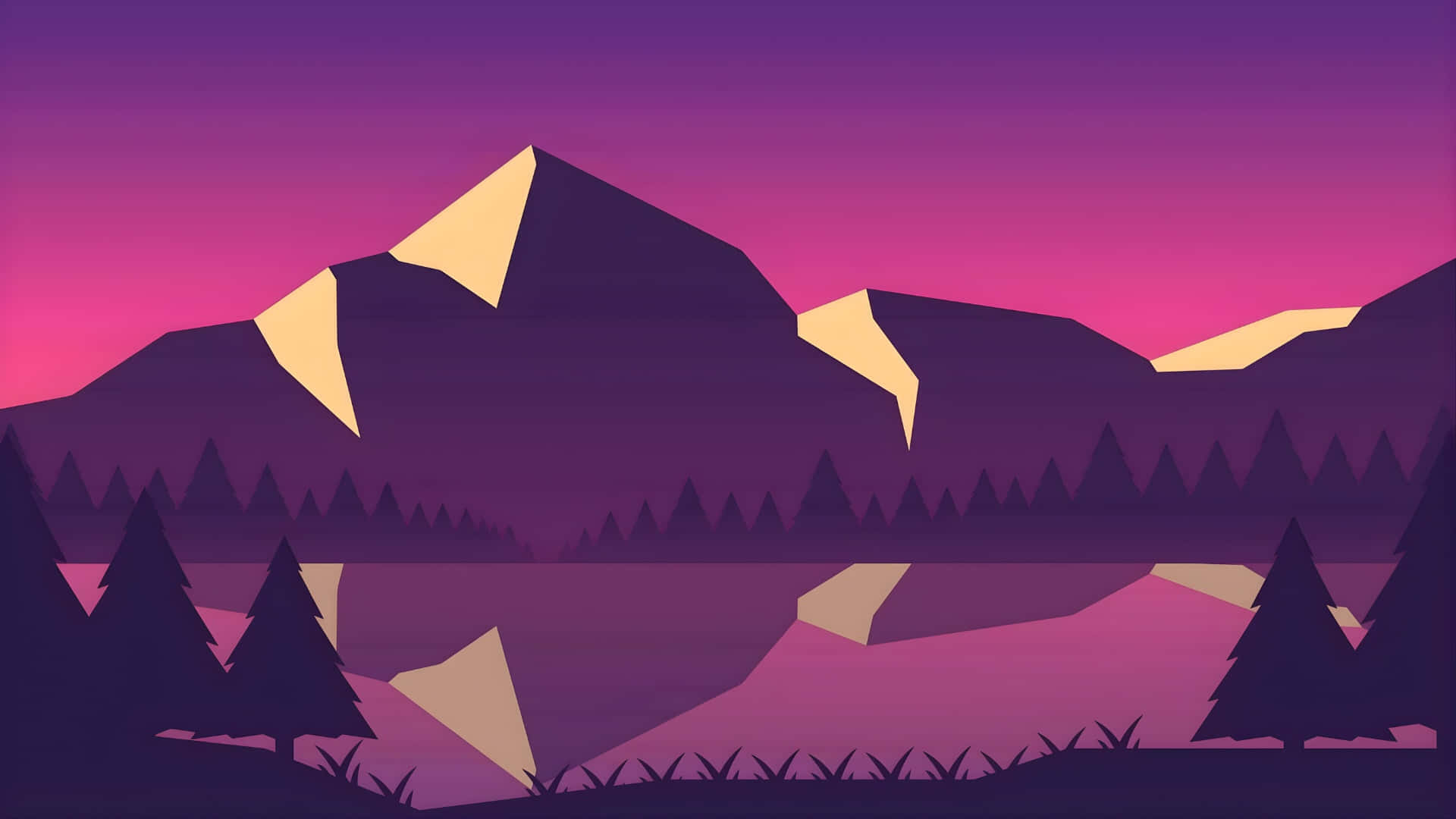 Cartoon Mountain, glowing yellow peaks, calm lake, Full HD Desktop Wallpaper