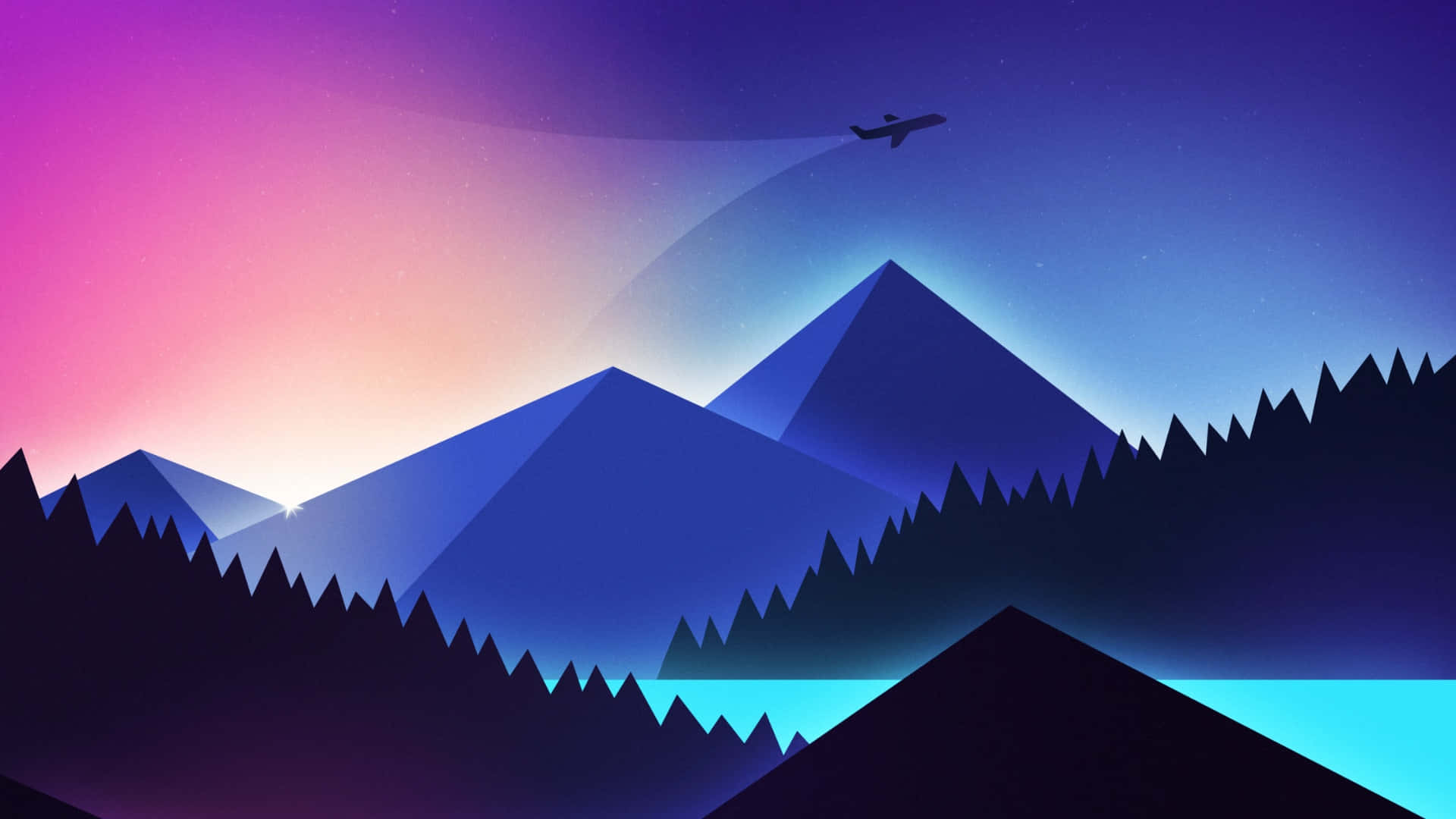 colorful cartoon mountain landscape, gradient purple and pink sky, flying airplane, Full HD Desktop Wallpaper
