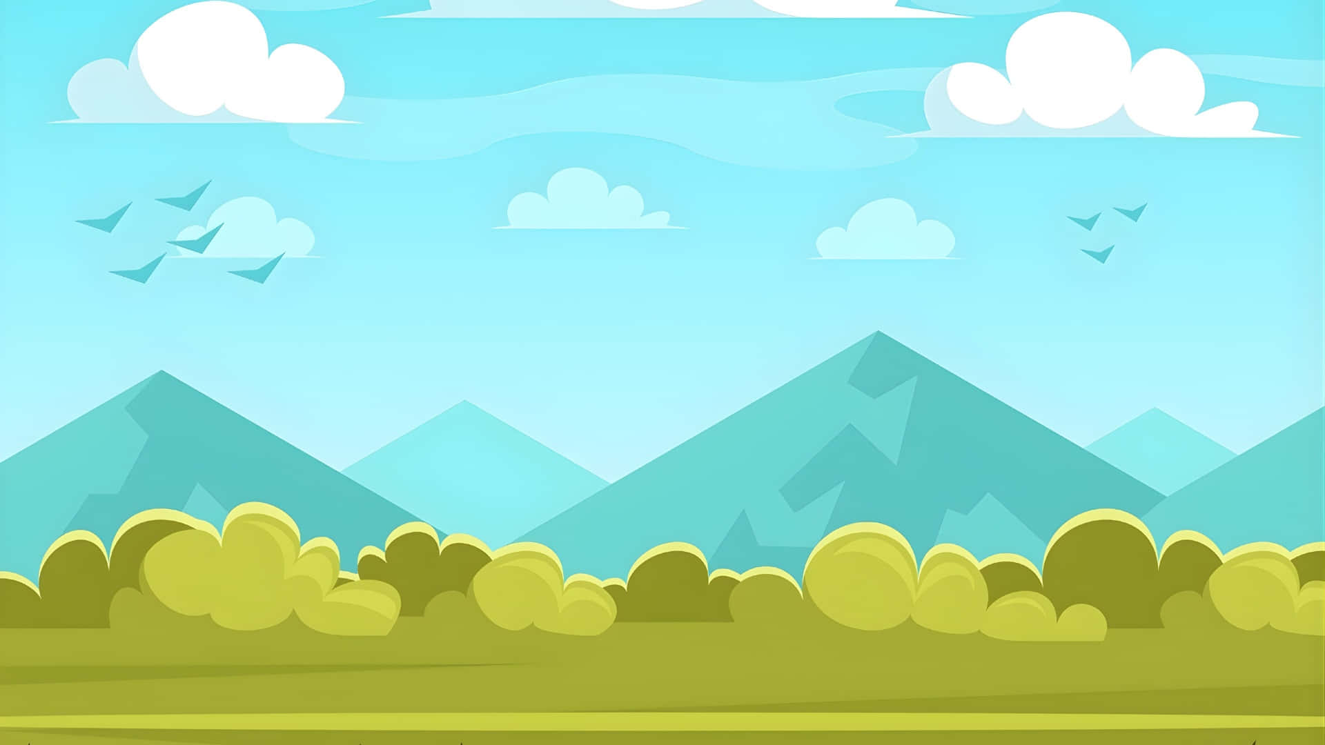 Cartoon Mountain, teal mountains, green bushes, Full HD Desktop Wallpaper