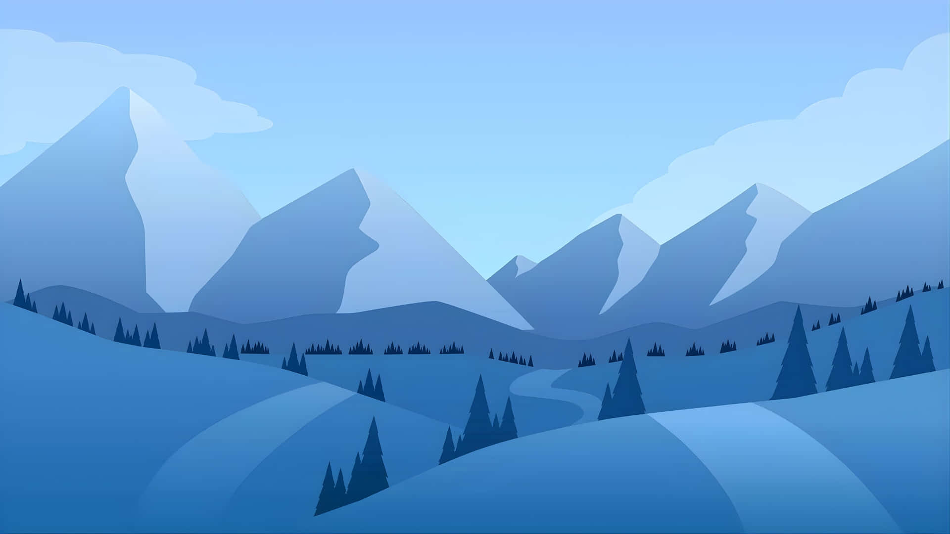 Cartoon Mountain, snow capped peaks, evergreen trees, Full HD Desktop Wallpaper