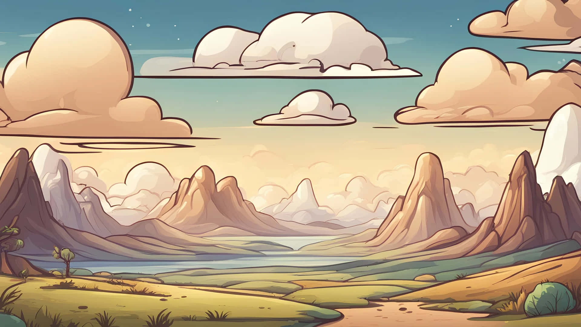 Cartoon Mountain, stylized mountains, rivers, Full HD Desktop Wallpaper