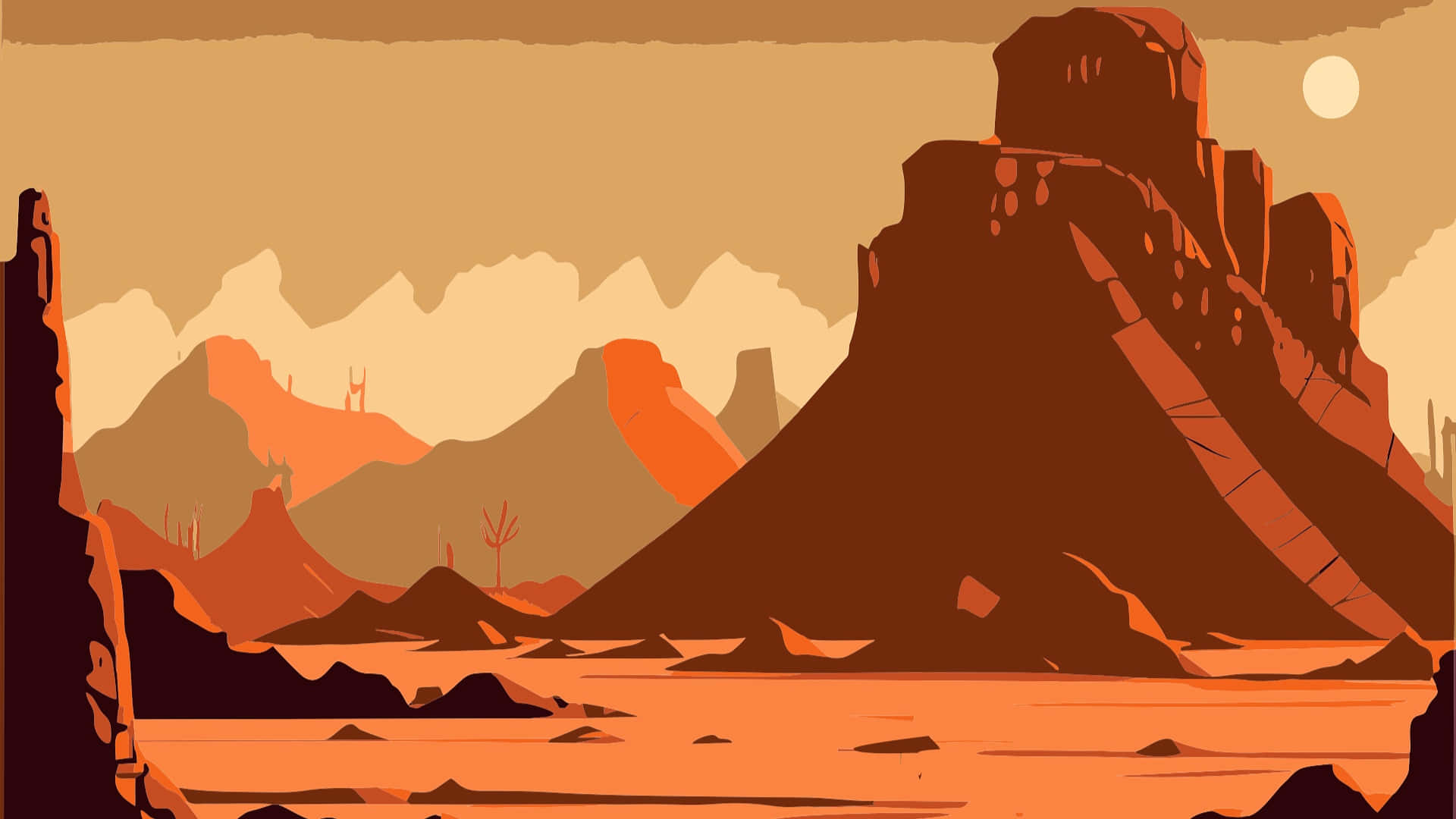 Cartoon Desert Mountain Scene, red rock formations, warm orange sky, Full HD Desktop Wallpaper