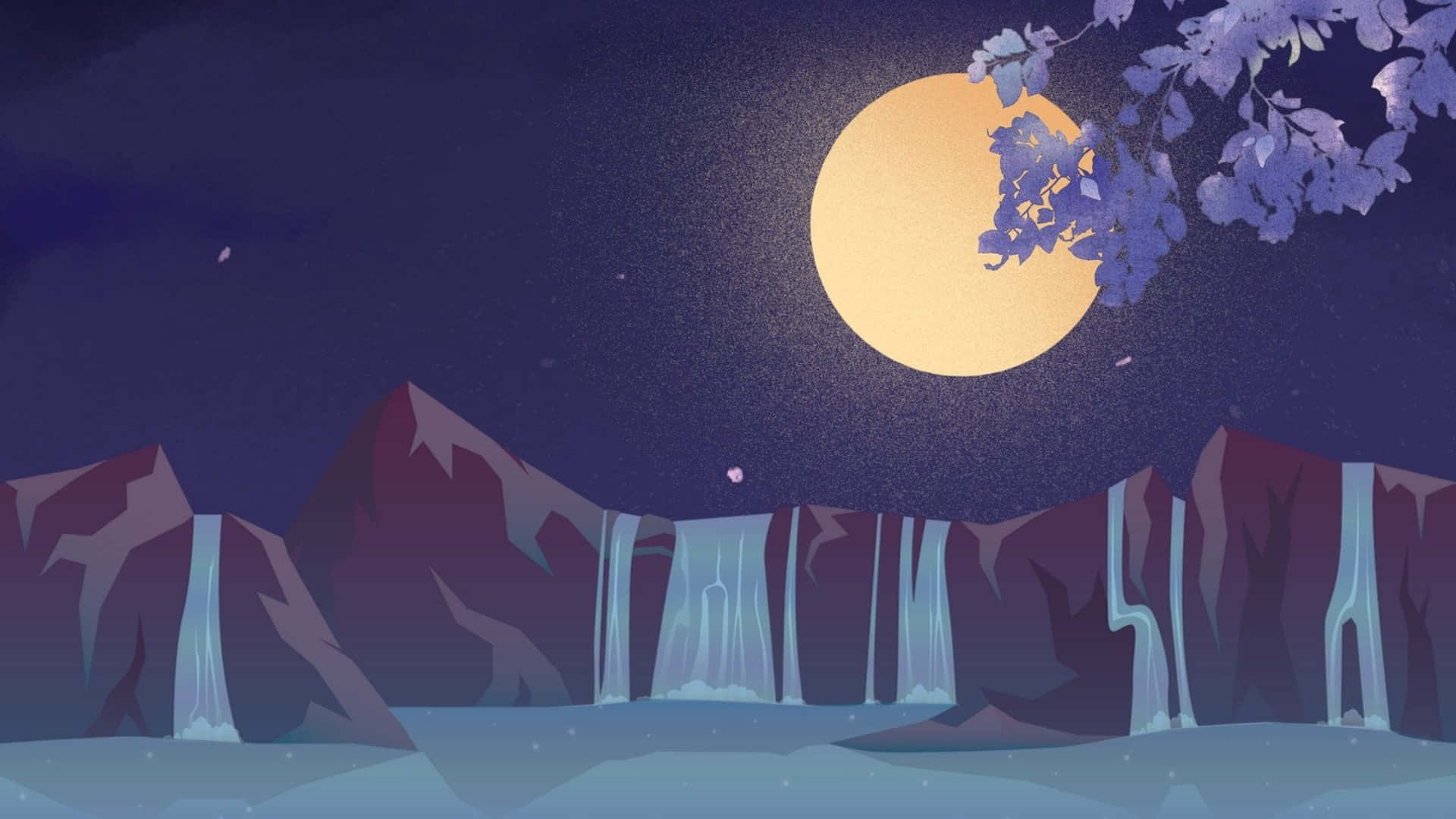 Cartoon Mountain, night scene, glowing full moon, Full HD Desktop Wallpaper