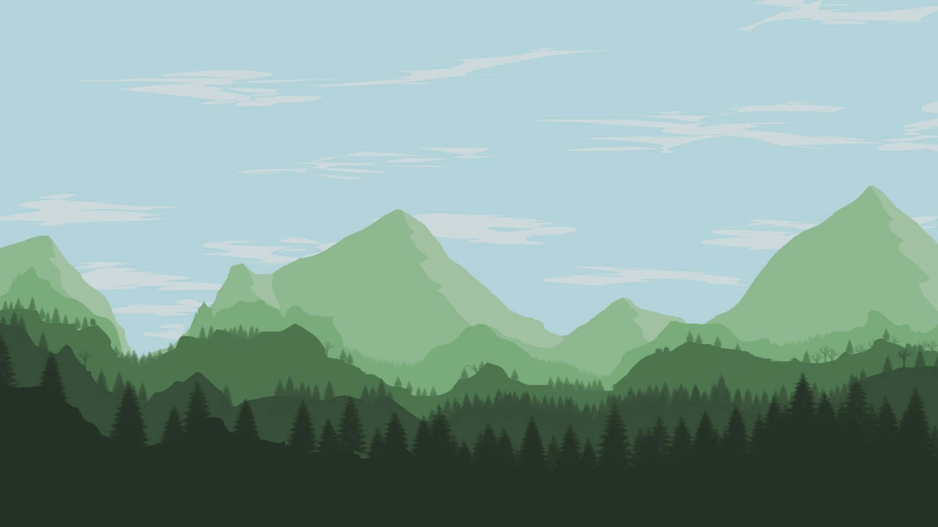 Cartoon Mountain, green peaks, pine forest, Full HD Desktop Wallpaper