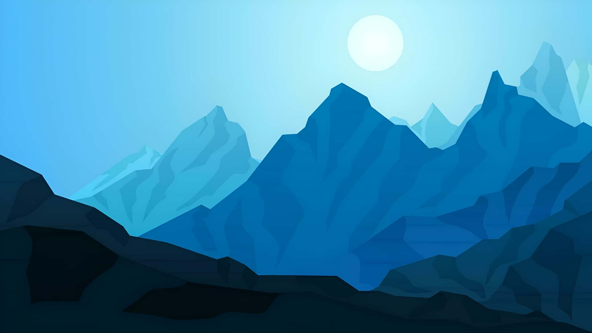 blue cartoon mountain landscape, stylized mountain range, bright sun, Full HD Desktop Wallpaper
