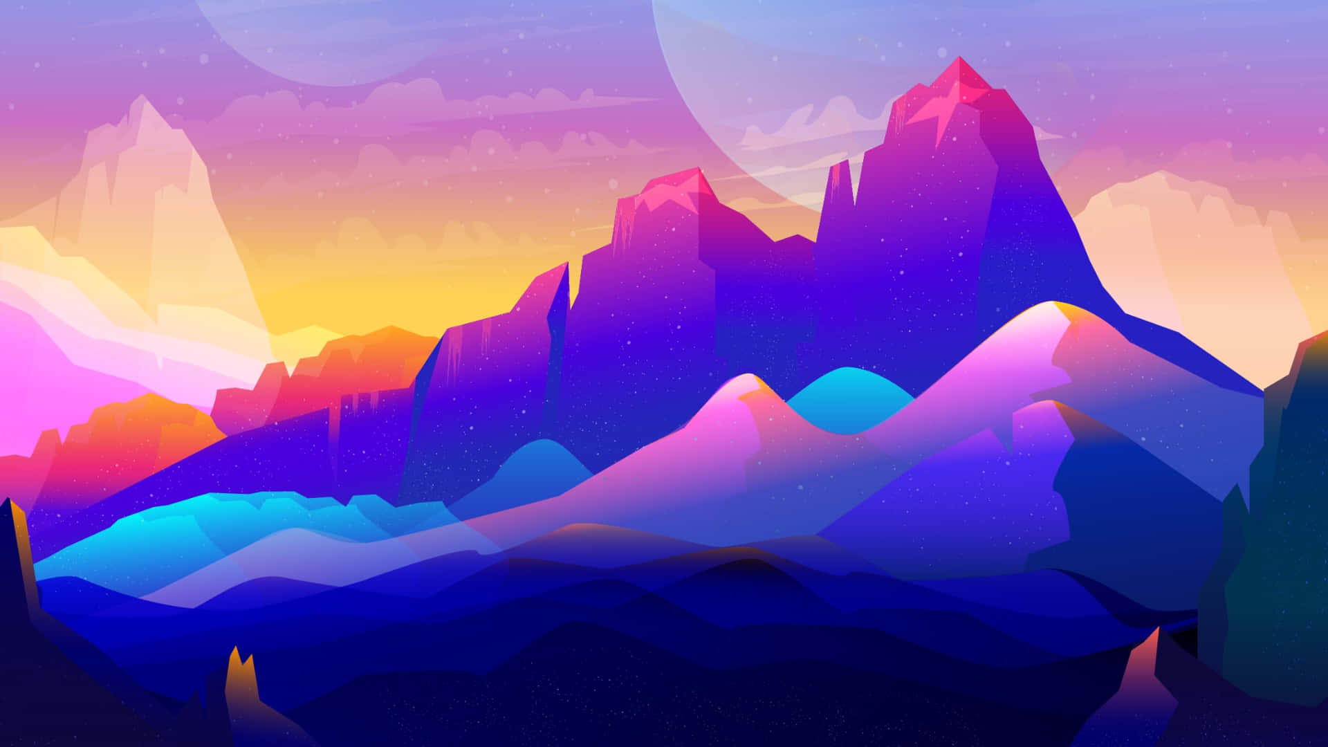 vibrant cartoon mountain landscape, gradient sunset hues, purple, Full HD Desktop Wallpaper