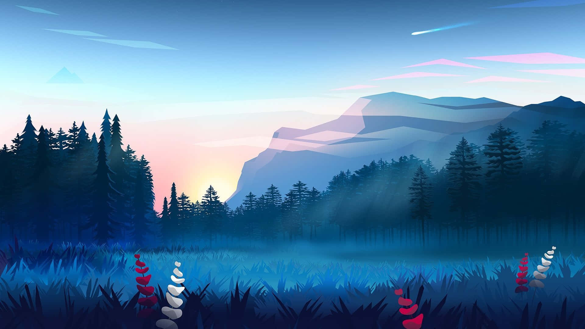 Cartoon Mountain, dawn, blue and pink skies, Full HD Desktop Wallpaper