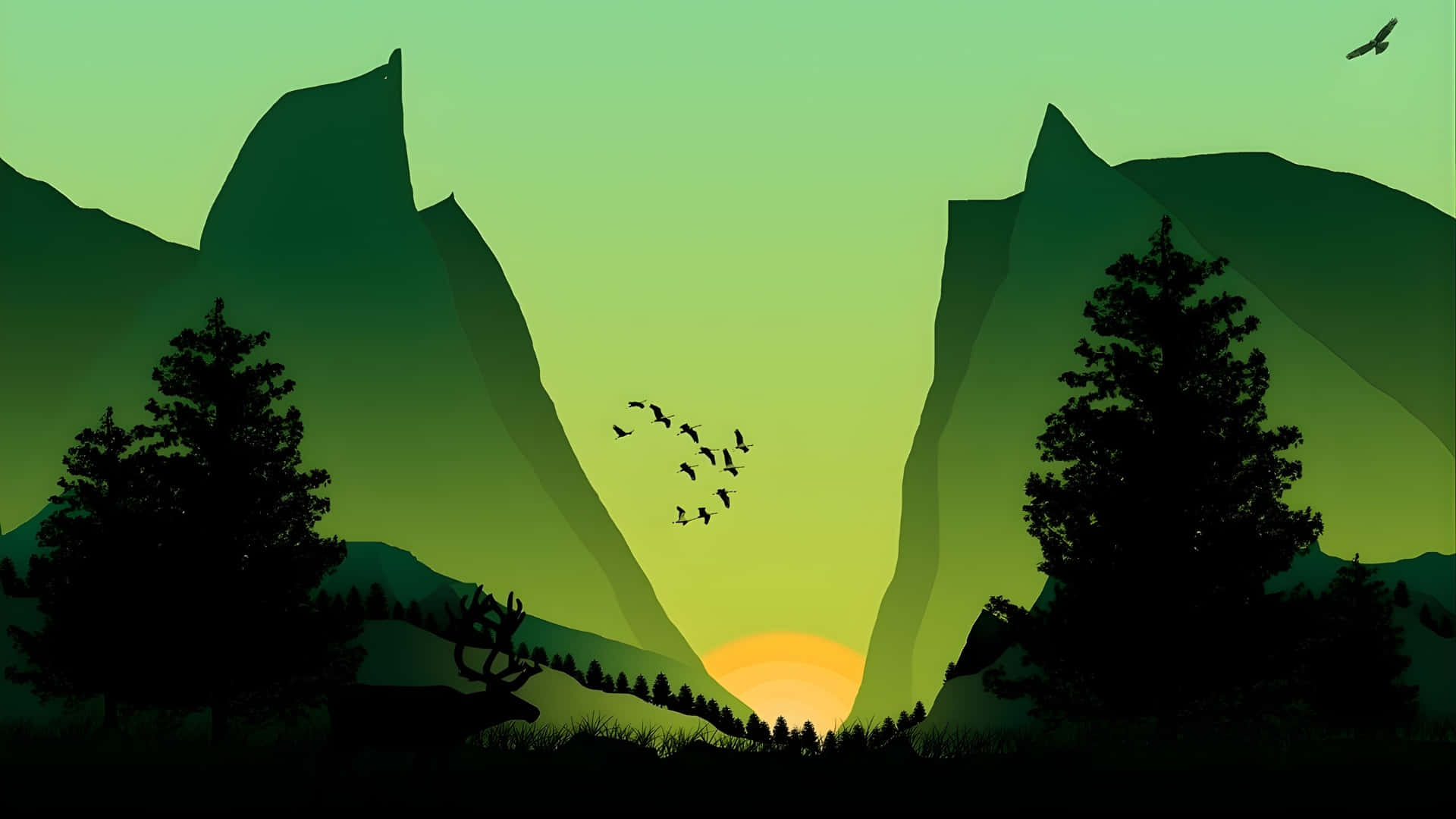 Cartoon Mountain, sunset scene, glowing orange sun, Full HD Desktop Wallpaper