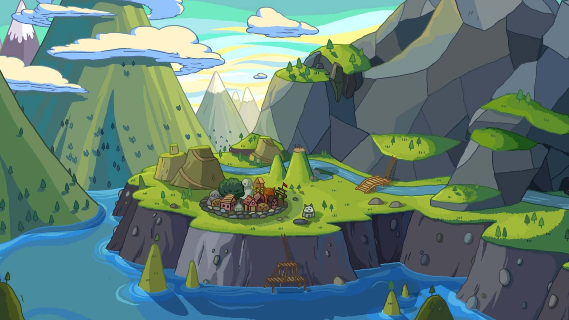 Cartoon Mountain, floating green island, blue water, Full HD Desktop Wallpaper