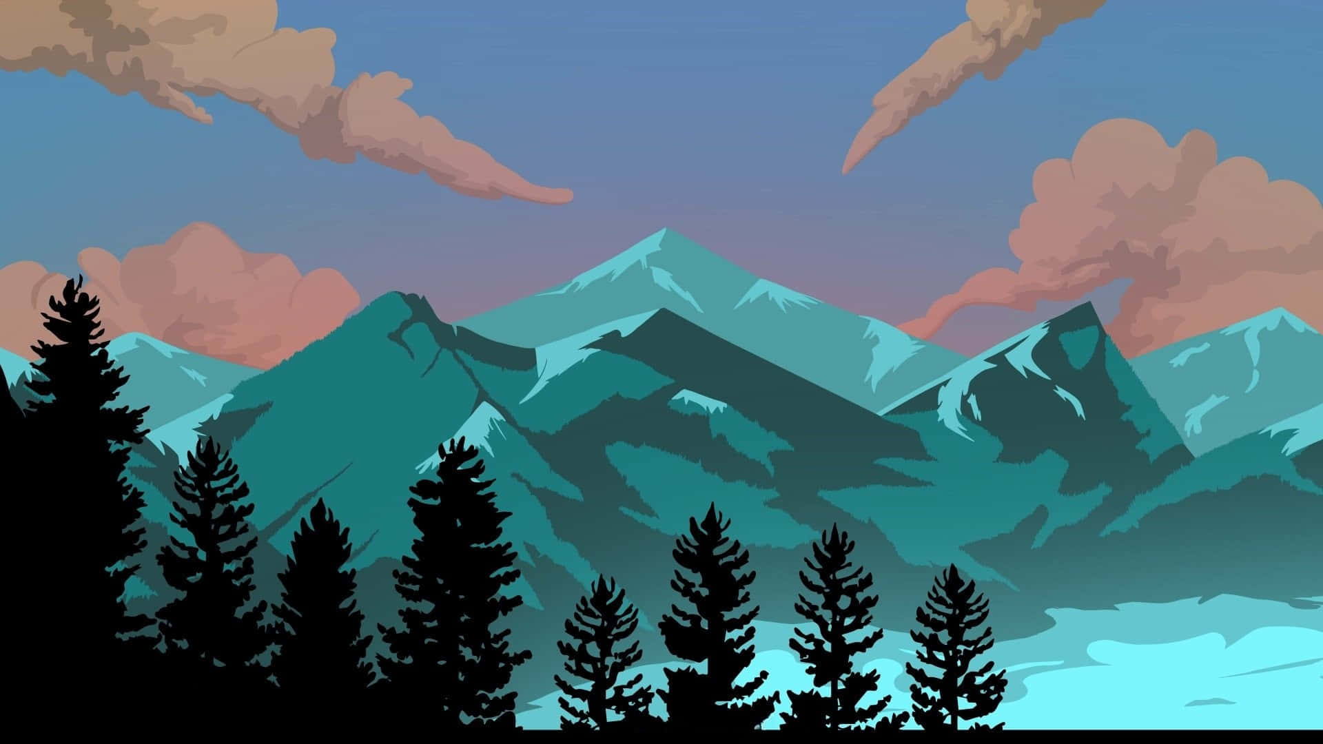 Cartoon Mountain, teal peaks, pink clouds, Full HD Desktop Wallpaper