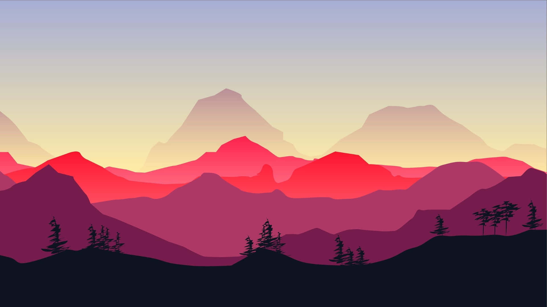 colorful cartoon mountain landscape, silhouetted pine trees, layered mountain ranges, Full HD Desktop Wallpaper