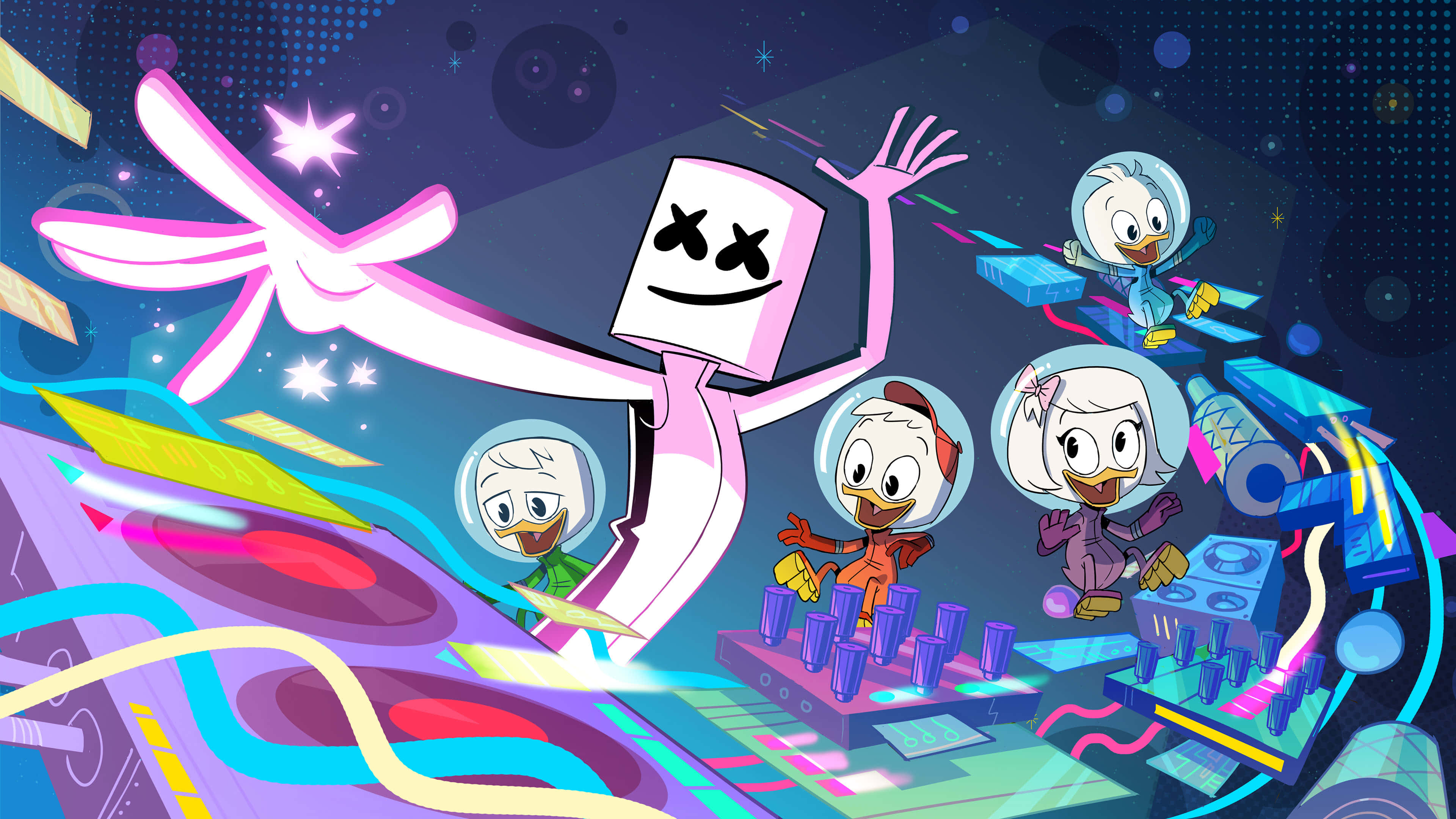 pink marshmallow character, ducklings in space suits, glowing neon tech, 4K Desktop Wallpaper