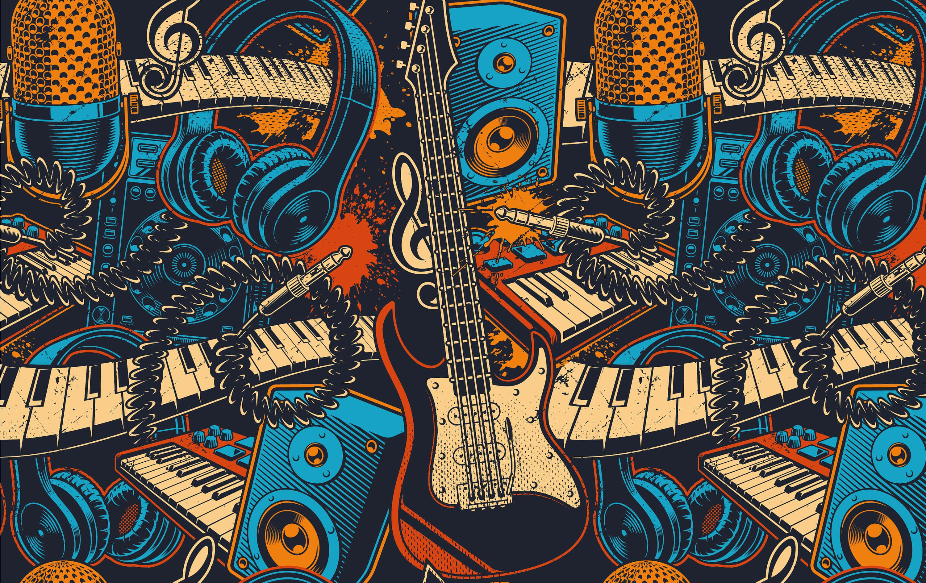 Cartoon Music 3000, retro-style illustration, guitars, 2K Desktop Wallpaper
