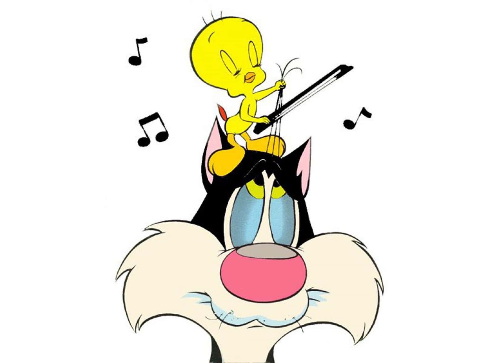 yellow cartoon bird, violin, black cat, Full HD Desktop Wallpaper